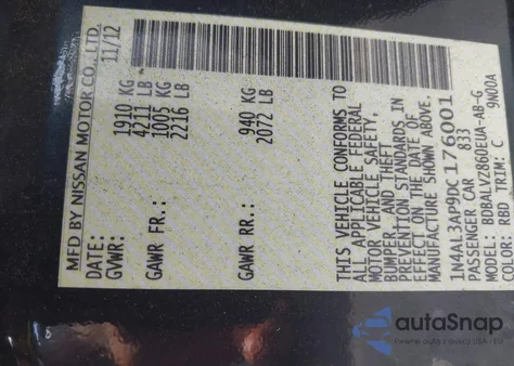 2013 Nissan Altima 2.5 Sl z USA, uszkodzony, nr VIN 1N4AL3AP9DC176001